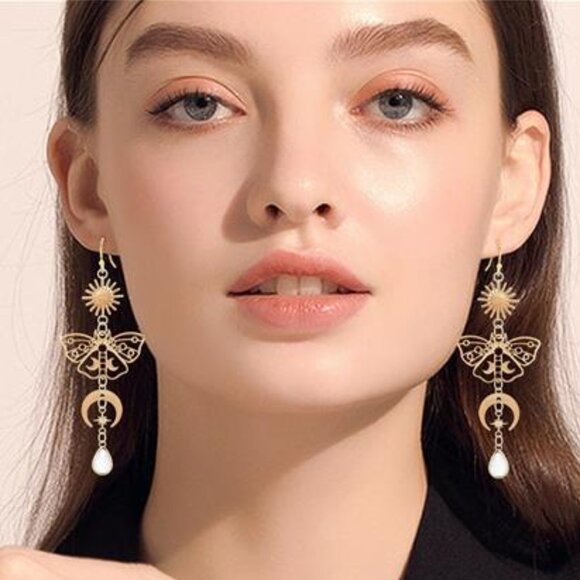 Moon Star Mushroom Earrings | Celestial Gold Dangle Earrings | Hypoallergenic - Picture 1 of 5